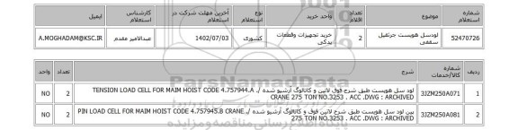 استعلام، لودسل هویست جرثقیل سقفی