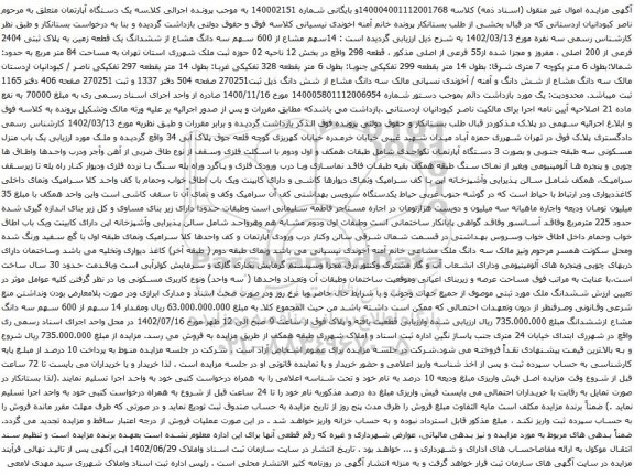 آگهی مزایده سهم مشاع از 600 سهم سه دانگ مشاع از ششدانگ یک قطعه زمین به پلاک ثبتی 2404 فرعی از 200 اصلی