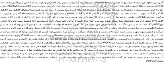 آگهی مزایده ششدانگ یک باب منزل مسکونی پلاک 291فرعی و مجزا شده از12-اصلی بخش39-