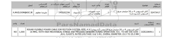 استعلام، کابل فیستونی 4 در 16 میلیمتر مربع فستونی (آرشیو دارد)