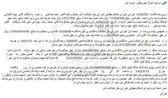 مزایده ششدانگ پلاک ثبتی 481 فرعی از یک اصلی