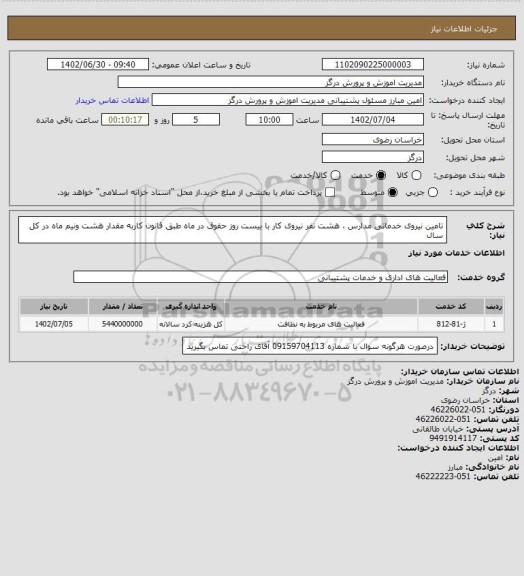 استعلام تامین نیروی خدماتی مدارس ، هشت نفر نیروی کار با بیست روز حقوق در ماه طبق قانون کاربه مقدار هشت ونیم ماه در کل سال