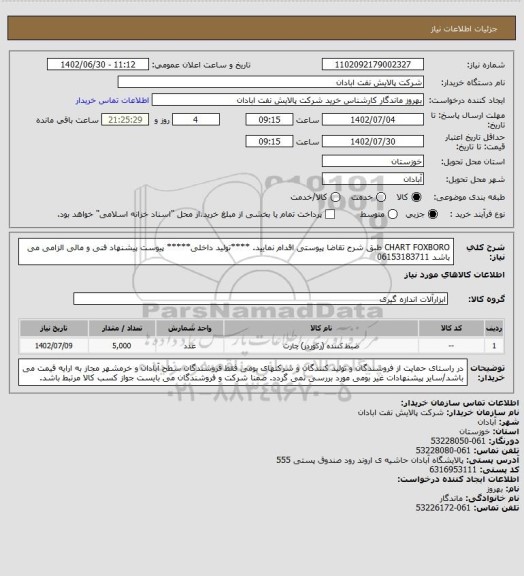 استعلام CHART FOXBORO
طبق شرح تقاضا پیوستی اقدام نمایید.
****تولید داخلی*****
پیوست پیشنهاد فنی و مالی الزامی می باشد
06153183711
