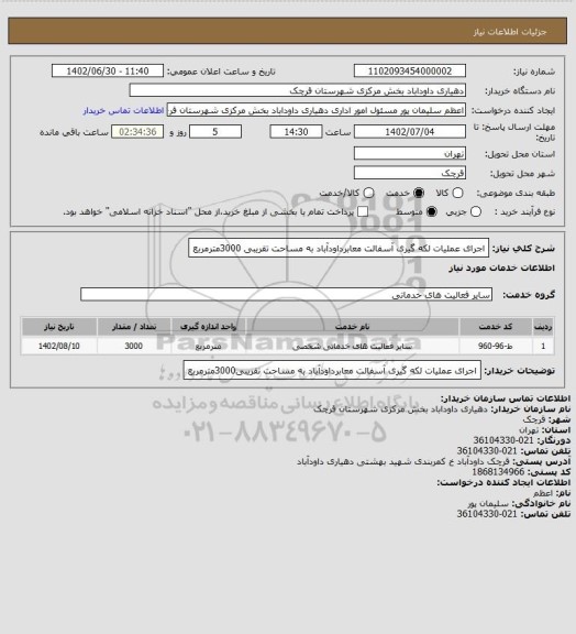 استعلام اجرای عملیات لکه گیری آسفالت معابرداودآباد به مساحت تقریبی 3000مترمربع