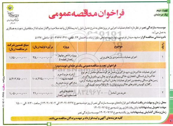 مناقصه اجرای عملیات دستمزدی پل های وزنی... نوبت دوم