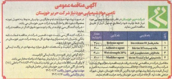 مناقصه تامین مواد شیمیایی (ماده رهاساز...)