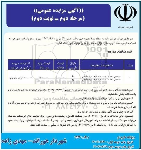 مزایده اجاره 6 باب مغازه بازارچه سنتی - مرحله دوم / نوبت دوم