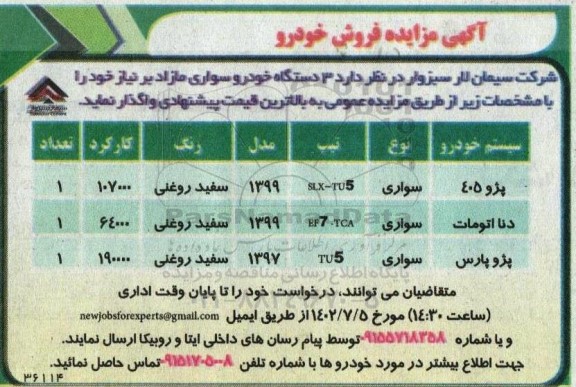 مزایده فروش 3 دستگاه خودرو سواری مازاد