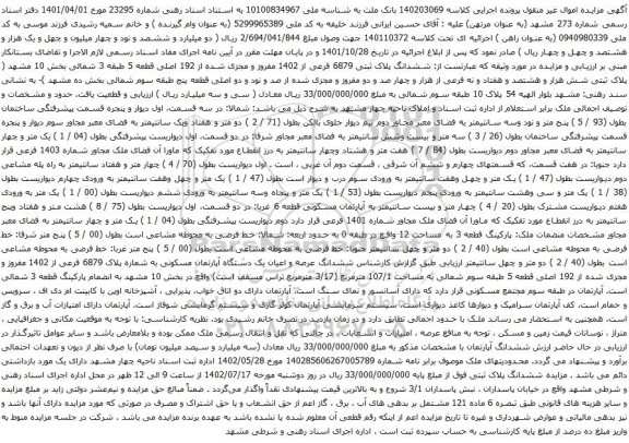 مزایده ششدانگ پلاک ثبتی 6879 فرعی از 1402 مفروز و مجزی شده از 192 اصلی