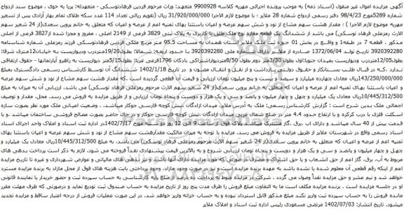 مزایده ششدانگ یک قطعه مغازه نوع ملک طلق با کاربری به پلاک ثبتی 3829 فرعی از 2149 اصلی