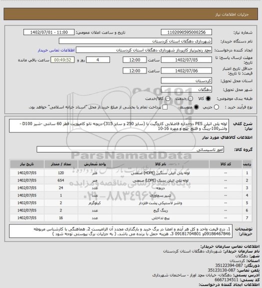 استعلام لوله پلی اتیلن PES دوجداره فاضلابی کاروگیت با (سایز 250 و سایز 315)-دریچه نانو کامپوزیت قطر 60 سانتی -شیر D100 -واشر100-رینگ و فلنج -پیچ و مهره 16-10