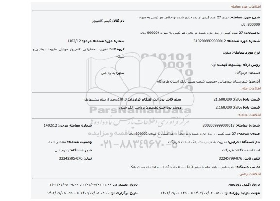 27 عدد کیس از رده خارج شده تو خالی هر کیس به میزان 800000 ریال
