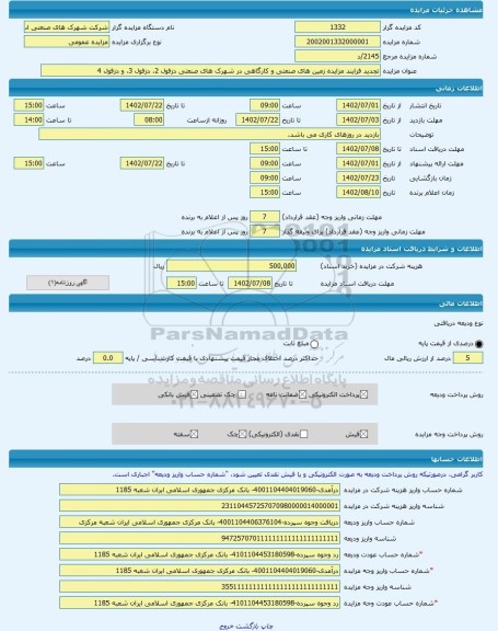 مزایده ، تجدید فرایند مزایده زمین های صنعتی و کارگاهی در شهرک های صنعتی دزفول 2، دزفول 3، و دزفول 4 -مزایده زمین - استان خوزستا