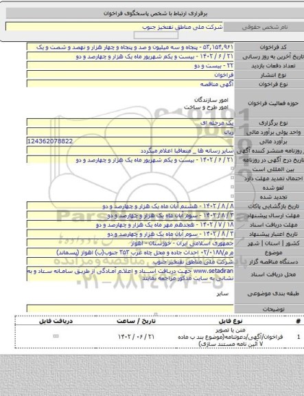 مناقصه, م م/۰۲/۰۱۸۸ احداث جاده و محل چاه غرب ۳۵۳ جنوب(ب) اهواز (پسماند)