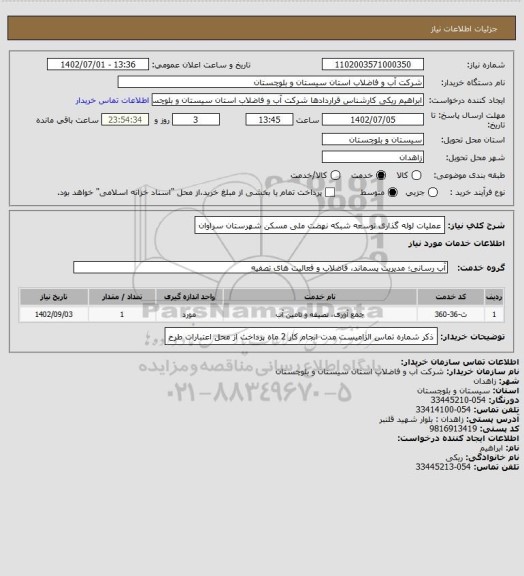 استعلام عملیات لوله گذاری توسعه شبکه نهضت ملی مسکن شهرستان سراوان