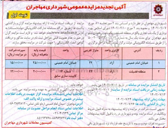 تجدید مزایده عمومی بهره برداری از یک باب واحد تجاری ...