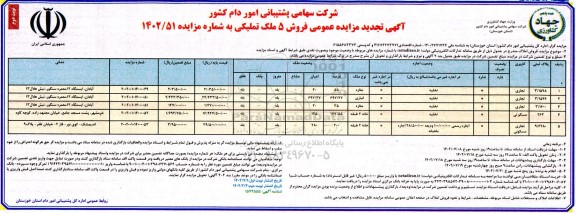 آگهی تجدید مزایده عمومی فروش 5 ملک ـ نوبت دوم