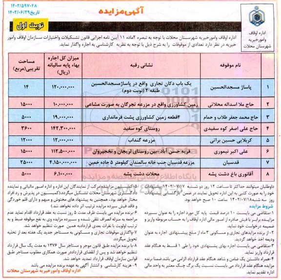 مزایده تعدادی از موقوفات