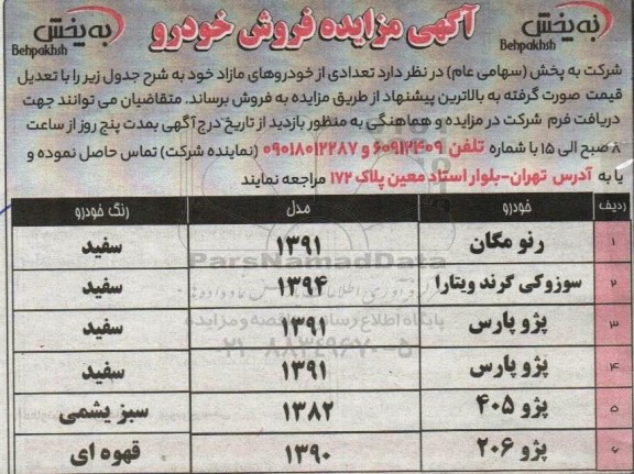 مزایده فروش خودرو رنو مگان، سوزوکی گرند ویتارا، پژو پارس، پژو 405 و پژو 206