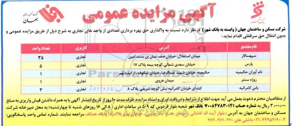 مزایده واگذاری حق بهره برداری تعدادی از واحدهای تجاری