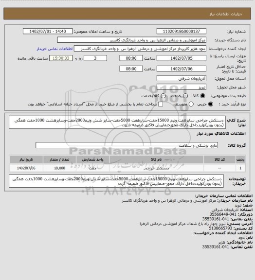 استعلام دستکش جراحی سایزهفت ونیم 15000جفت-سایزهفت 5000جفت-سایز شش ونیم2000جفت-وسایزهشت 1000جفت همگی (بدون پودر)تولیدداخل دارای مجوزحتماپیش فاکتور ضمیمه شود.