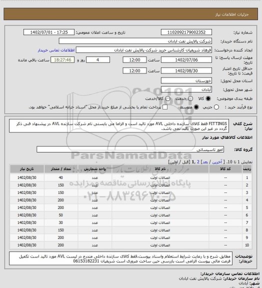 استعلام FITTINGS فقط کالای سازنده داخلی AVL مورد تائید است و الزاما می بایستی نام شرکت سازنده AVL در پیشنهاد فنی ذکر گردد در غیر این صورت تائبد نمی باشد.