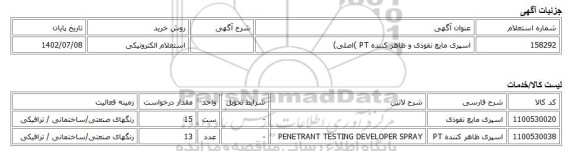 استعلام الکترونیکی، اسپری مایع نفوذی و ظاهر کننده PT )اصلی)