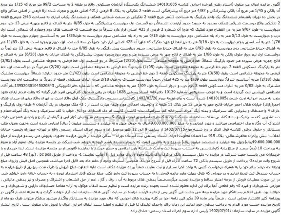 آگهی مزایده ششدانگ یکدستگاه آپارتمان مسکونی واقع در طبقه 2 به مساحت 99/2 متر مربع