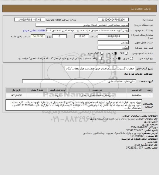استعلام عملیات گسترش سیستم اعلام حریق هوشمند مرکز بوعلی کنگان