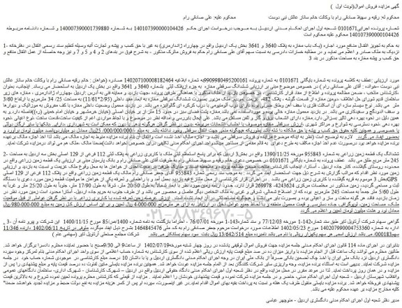 مزایده فروش یک باب مغازه به پلاک 3640 و 3641  