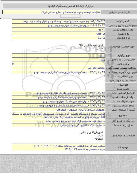 مزایده, فروش تعداد ۵ دستگاه ماشین آلات معدنی مستعمل (انواع لودر) موجود در سنگ آهک پیربکران واقع در استان اصفهان در ۵ پارتی جداگانه