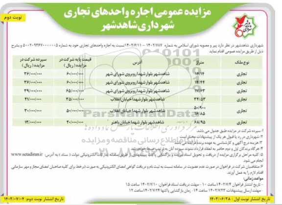 مزایده عمومی اجاره واحدهای تجاری- نوبت دوم
