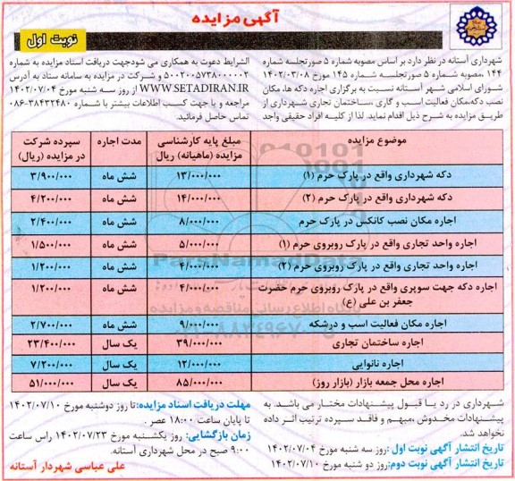 مزایده اجاره دکه ها، مکان نصب دکه، مکان فعالیت اسب و گاری، ساختمان تجاری