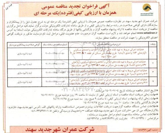 فراخوان تجدید مناقصه عملیات اجرایی مربوط به تهیه نقشه های اجرایی و احداث واحدهای مسکونی 