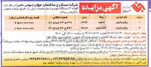 مزایده تعداد 2 دستگاه خودرو