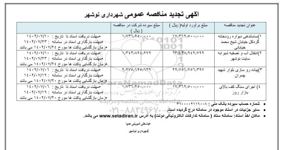 تجدید مناقصه ساماندهی دیواره رودخانه گردکل خیابان شیخ محمد خیابانی و ...