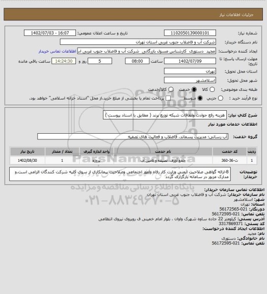 استعلام هزینه رفع حوادث واتفاقات شبکه توزیع پرند ( مطابق با اسناد پیوست )