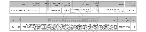 استعلام، شیر برقی 1/2 اینچ جهت اکسیژن و گاز