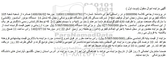 مزایده فروش 14 دستگاه موتور آسانسور (کششی) با مارک پاک صنعت موتور با ظرفیت 630 کیلوگرم (6 نفره)