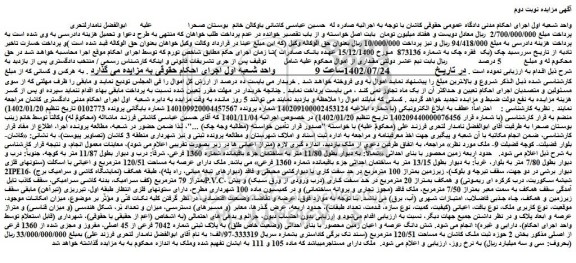 مزایده فروش شش دانگ عرصه و اعیان زمین محصور با بنای احداثی (وضعیت خاص طلق) به پلاک ثبتی شماره 7042 فرعی از 45 اصلی