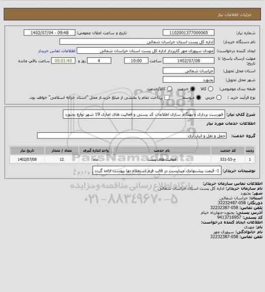 استعلام فهرست برداری و بهنگام سازی اطلاعات کد پستی و فعالیت های اماری 19 شهر توابع بجنورد