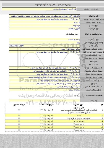 مناقصه, انجام امور خدماتی و تنظیفاتی پستهای استان ایلام