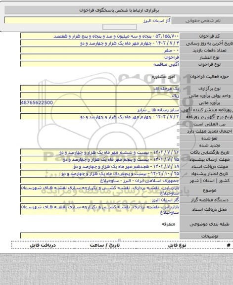 مناقصه, بازاریابی، نقشه برداری، نقشه کشی و یکپارچه سازی نقشه های شهرستان ساوجبلاغ