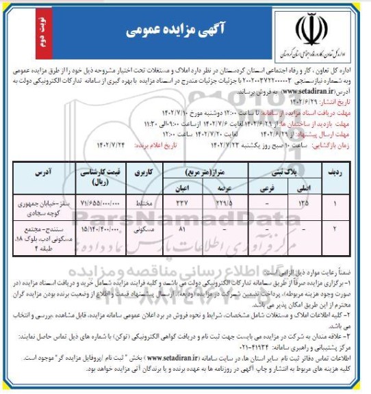 مزایده فروش املاک و مستغلات- نوبت دوم