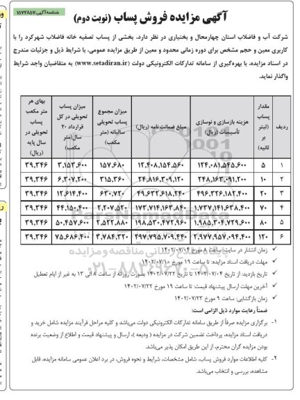 مزایده فروش پساب نوبت دوم