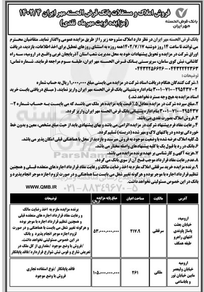 مزایده فروش املاک و مستغلات بانک قرض الحسنه