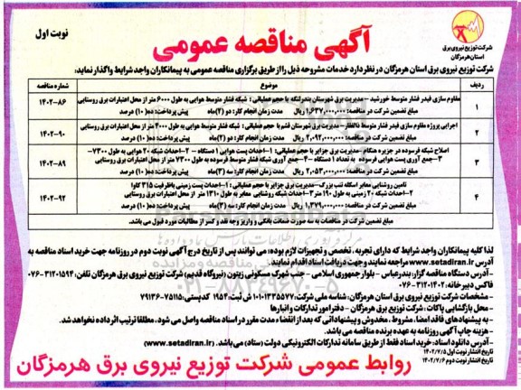 مناقصه مقاوم سازی فیدر فشار متوسط خورشید.....