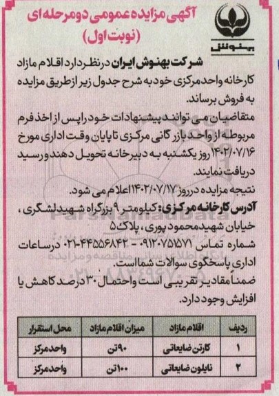 مزایده عمومی فروش کارتن ضایعاتی و نایلون ضایعاتی