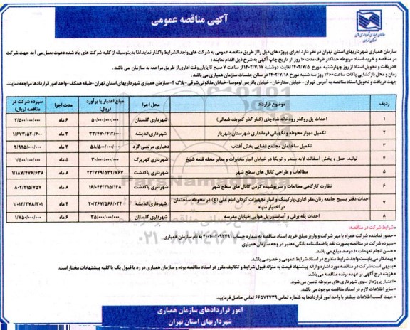 مناقصه احداث پل روگذر رودخانه شادچای (کنار گذر کمربند شمالی) ...