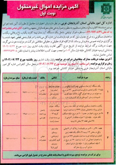 مزایده فروش سه فقره اموال توقیفی شامل یک دستگاه آپارتمان نیمه کاره، یک باب باغ ویلائی، یک باب ساختمان مسکونی